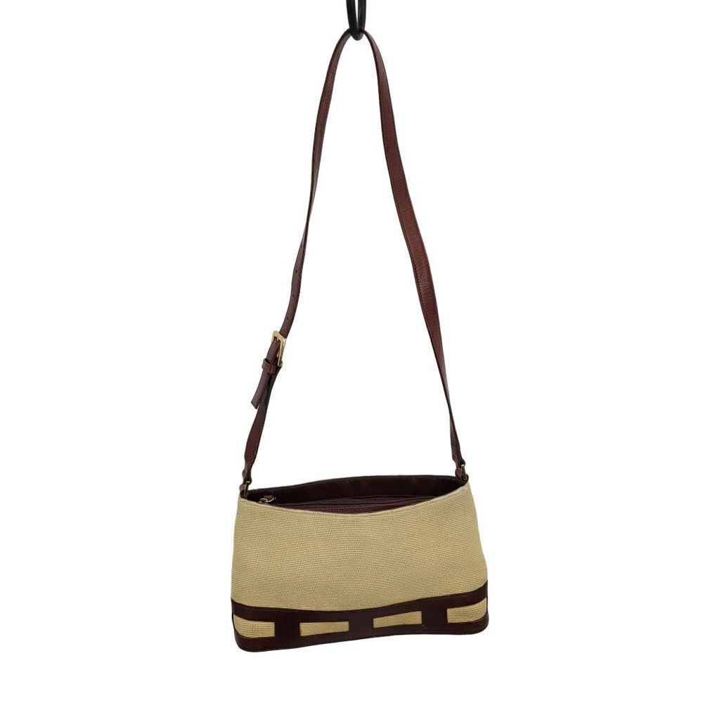 Etienne Aigner Crossbody Bag Country Cottage Core Basket Weave Leather Trim Tan